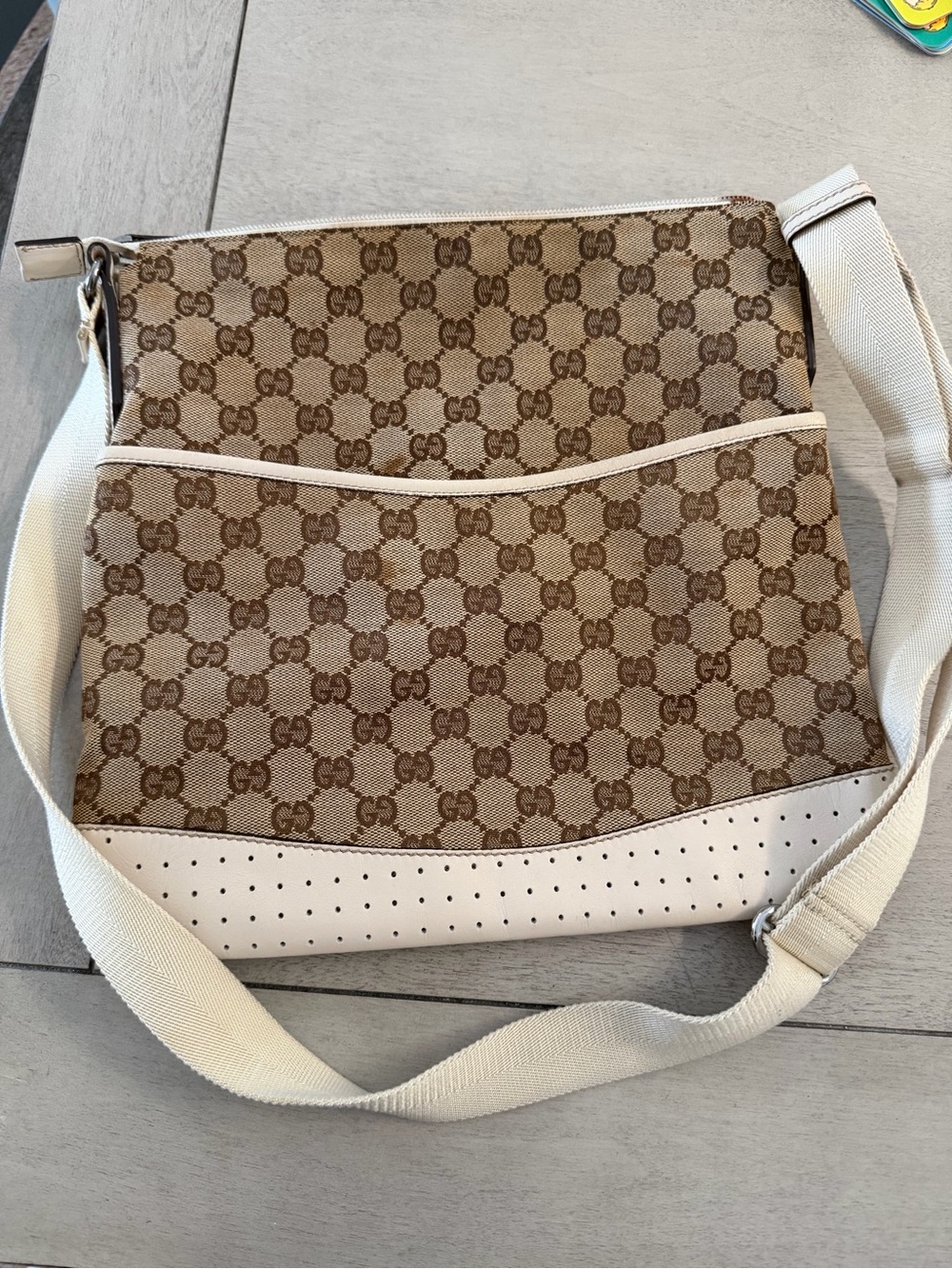 Gucci Beige GG Canvas Crossbody with White Trim and Strap